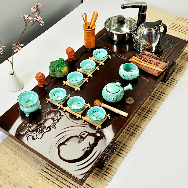 Hui, make tea sets purple sand tea set a complete set of ice to crack kung fu tea set four unity induction cooker solid wood tea tray