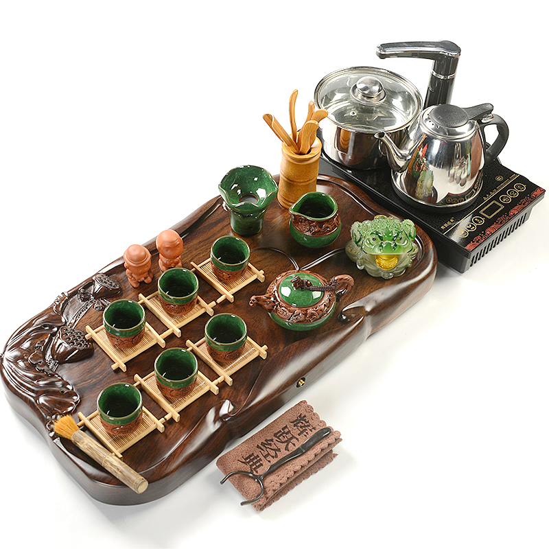 Hui, make violet arenaceous kung fu tea set induction cooker ebony the whole piece of lithographic solid wood tea tray of a complete set of tea cups