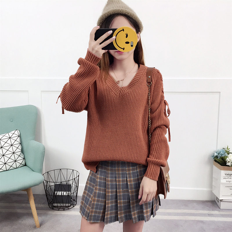 Mùa thu mới phiên bản Hàn Quốc của dây đai bên hông áo len ngã ba áo len nữ cổ chữ V dài tay áo len - Áo / áo thun áo khoác len