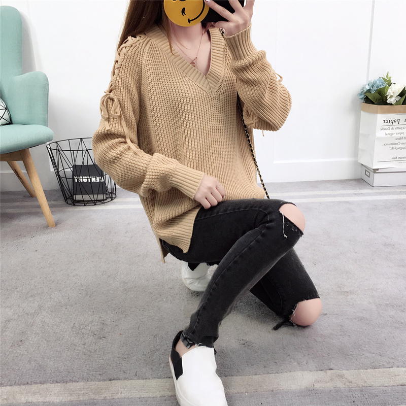 Mùa thu mới phiên bản Hàn Quốc của dây đai bên hông áo len ngã ba áo len nữ cổ chữ V dài tay áo len - Áo / áo thun áo khoác len