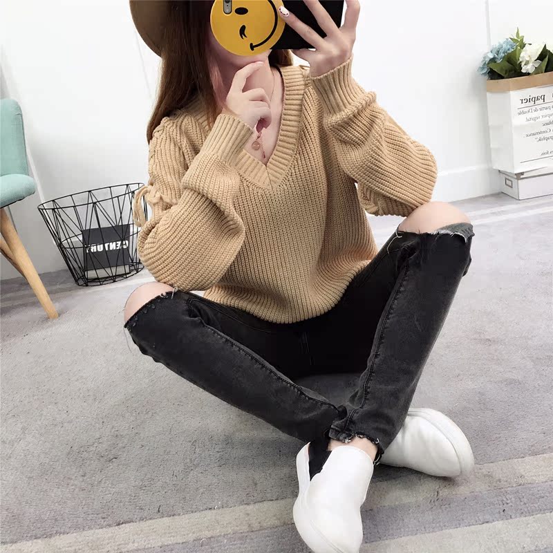 Mùa thu mới phiên bản Hàn Quốc của dây đai bên hông áo len ngã ba áo len nữ cổ chữ V dài tay áo len - Áo / áo thun áo khoác len