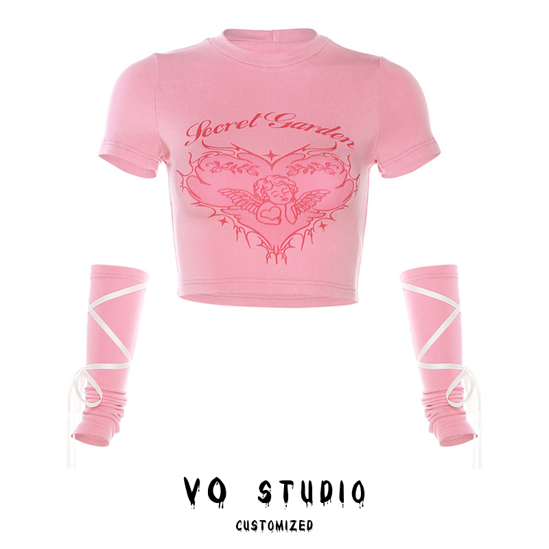 Vostudio Pink Youthful American-Style Sweet and Spicy Tie-Up Sleeve Top Performance Dance Girl Group Printed Short T-Shirt