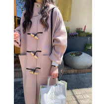 Woolen coat women 2021 Winter New woolen coat medium long Hepburn wind small man explosive horn buckle