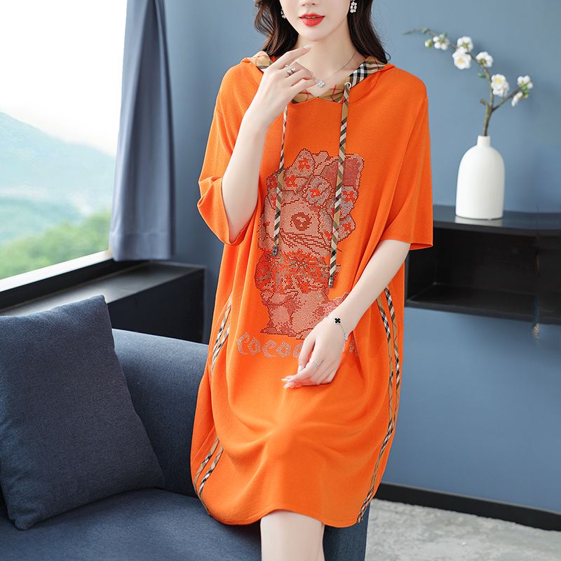 Plus-Size Summer Short-Sleeve Sweatshirt Dress for Women, Stylish Mid-Length Hooded Ice Silk Dress, Large Size Loose Casual Dress Plus-Size Summer Short-Sleeve Sweatshirt Dress for Women, Stylish Mid-Length Hooded Ice Silk Dress, Large Size Loose Casual Dress