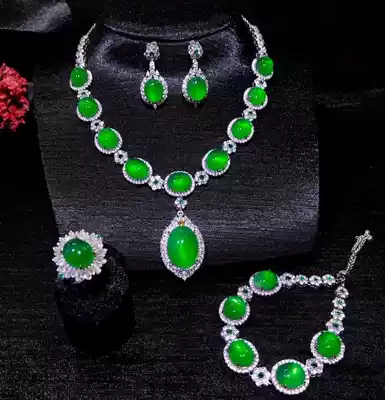 Natural luxury ice seed Green jalcedony dinner set necklace ring earrings hand four-piece gift for women