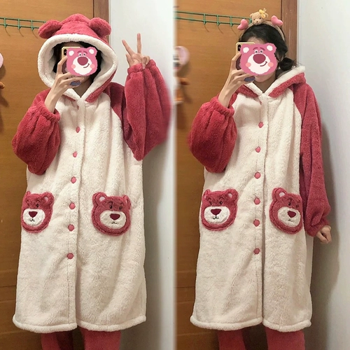 Милая пижама, клубника с капюшоном, зимний длинный комплект, увеличенная толщина, 2024 года, новая коллекция, популярно в интернете