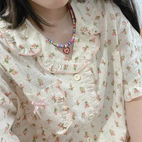 Пижама, милый тонкий комплект, французский стиль, цветочный принт, короткий рукав, 2024 года