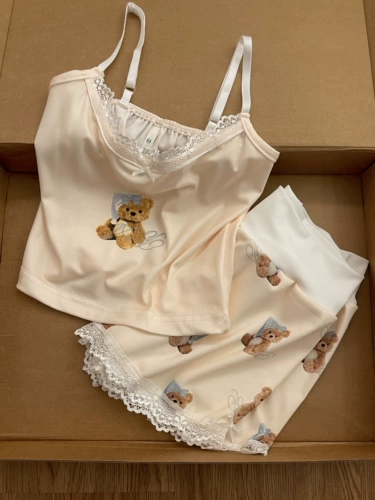 Летняя пижама, приталенная майка, шорты, комплект, с медвежатами, эффект подтяжки