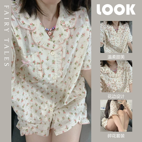 Пижама, милый тонкий комплект, французский стиль, цветочный принт, короткий рукав, 2024 года