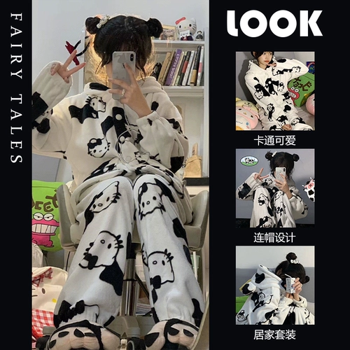 Hello kitty, милая коралловая бархатная зимняя пижама с капюшоном, флисовый комплект, увеличенная толщина