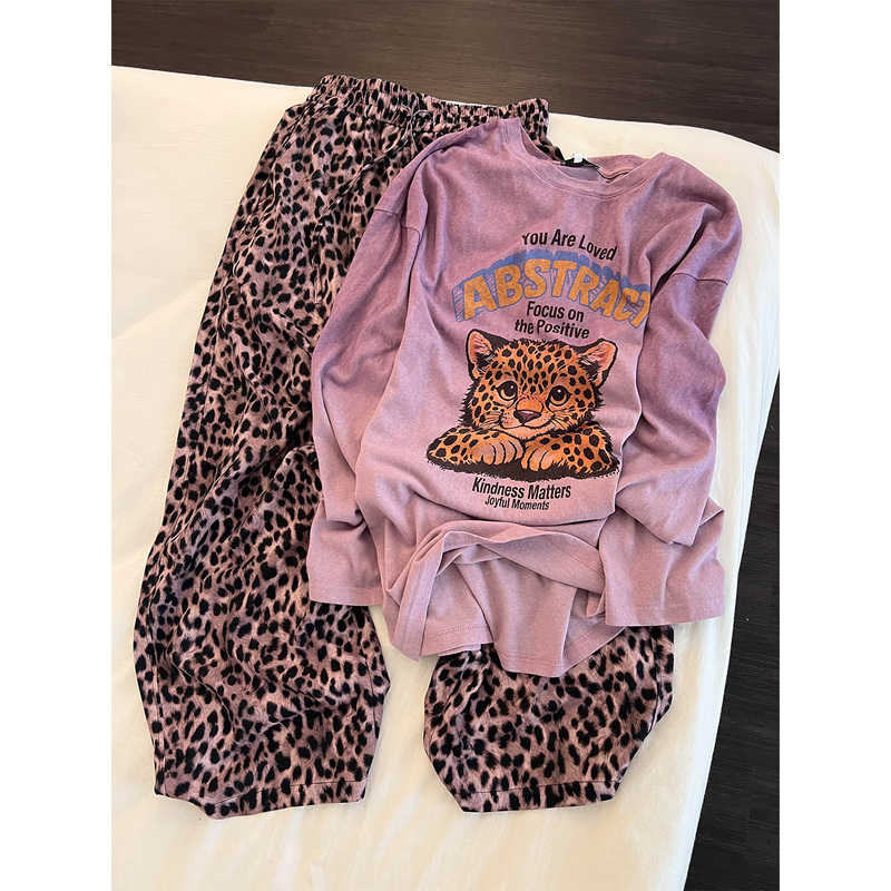 Korean Style Sweet and Cool Leopard Print Long-Sleeved Pajamas for Women, Autumn Lazy Style Leopard Print Long Pants Loungewear Set Suitable for Going Out