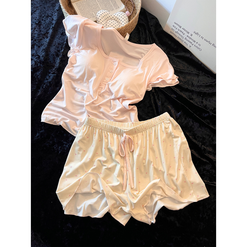 Lazy Style Soft Pink Short-Sleeved Pajamas for Women, Summer 2026 New Style ins Shorts Home Wear Set That Can Be Worn Outside