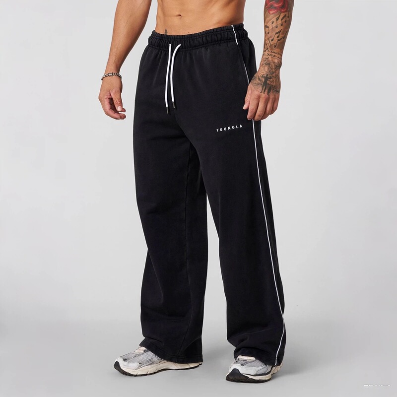 Youngla New Men's Sports Pants Jogger Muscle Fitness Training Long Pants Cotton Embroidered Wide-Leg Pants