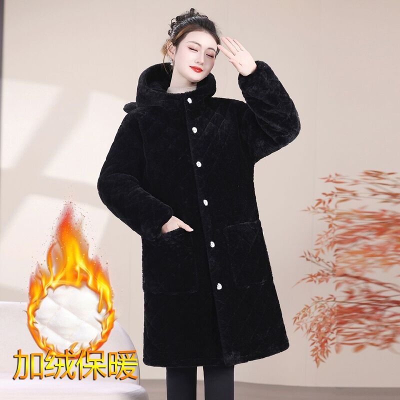 Women's Extra-Thick Winter New Style Padded Long Coat with Large Hood, Windproof and Warm, Suitable for Home Wear and Work
