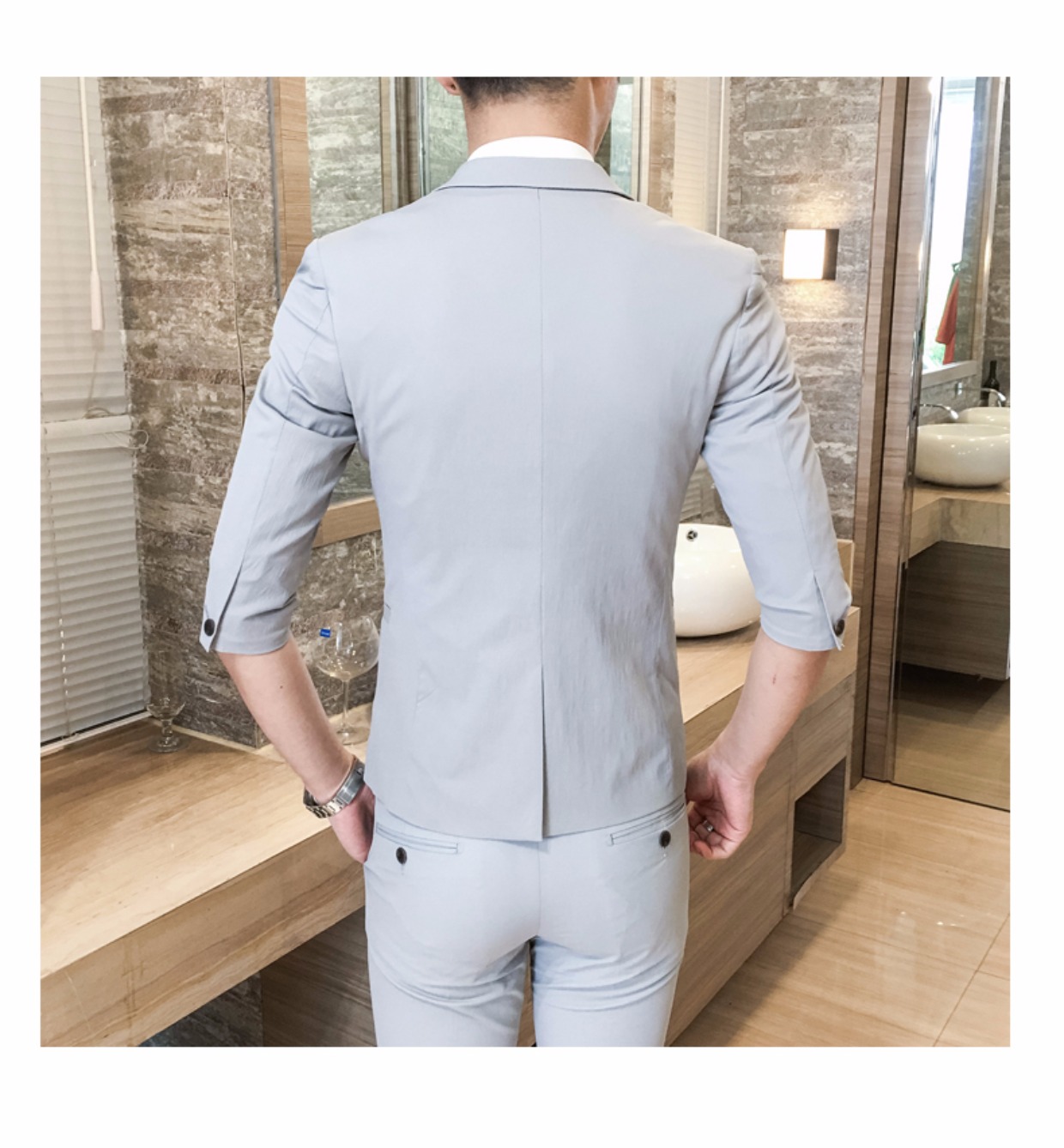 Mùa hè quần áo nam tay áo phù hợp với chín quần ba bộ phiên bản Hàn Quốc của tay áo bảy điểm tự tu luyện phù hợp với chú rể váy cưới đồ vest nam