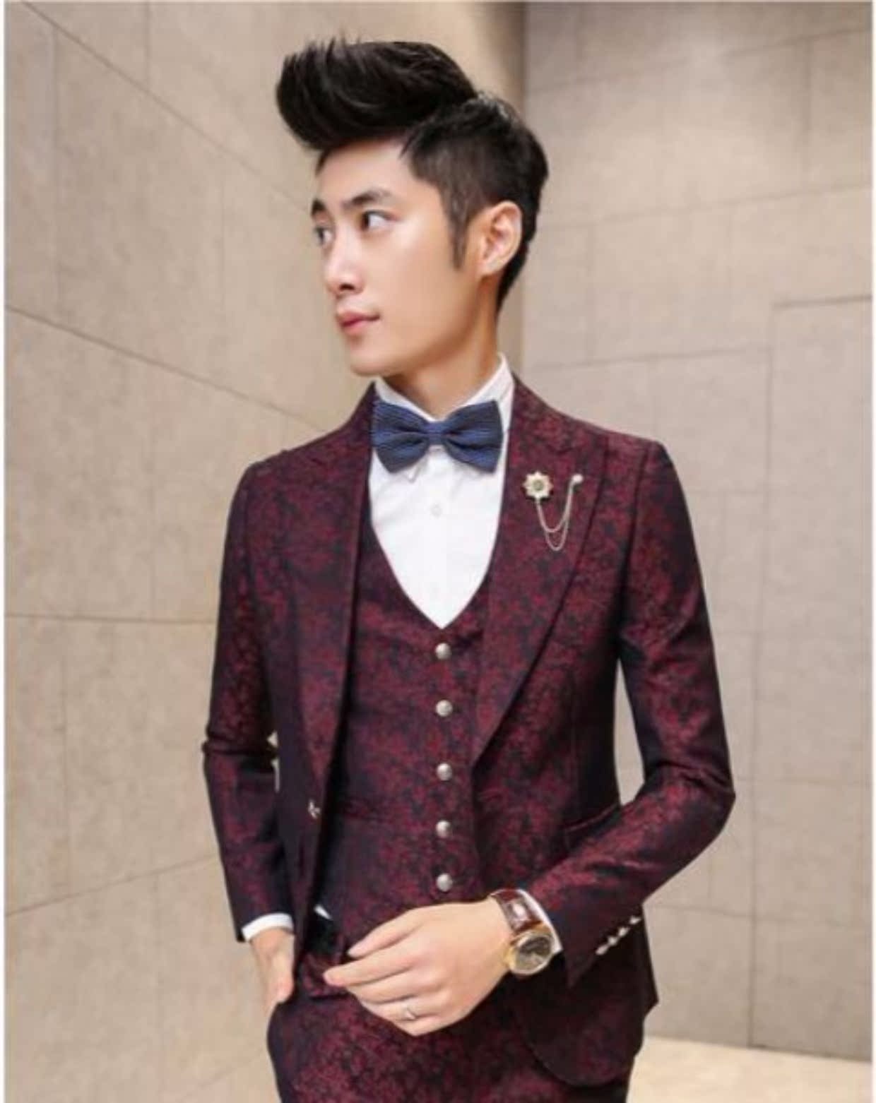 Mùa xuân và mùa thu nam Slim hộp đêm Nhà tạo mẫu tóc Bộ đồ nhỏ Bộ vest đỏ Bộ đồ cưới ba mảnh áo vest nam