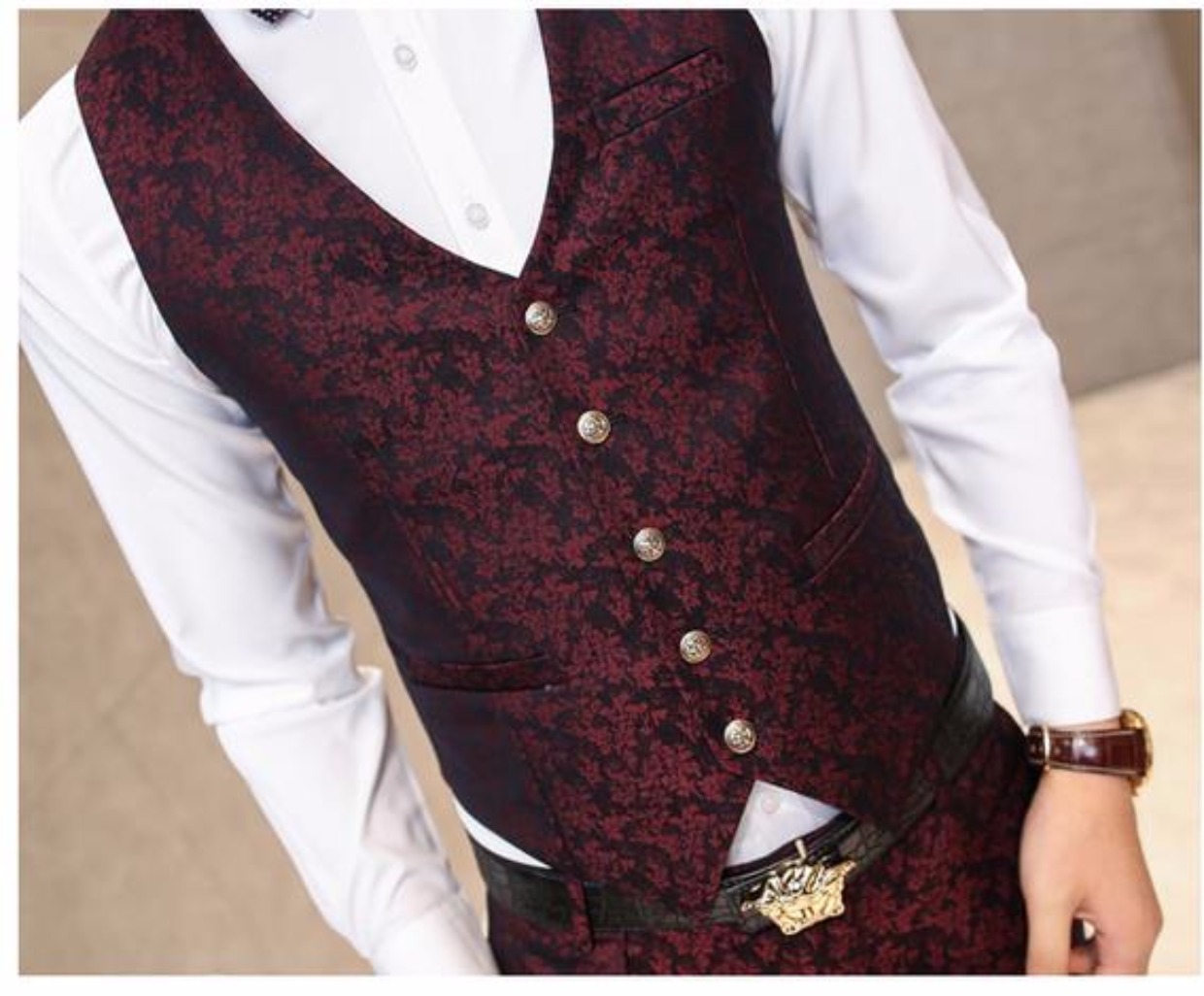Mùa xuân và mùa thu nam Slim hộp đêm Nhà tạo mẫu tóc Bộ đồ nhỏ Bộ vest đỏ Bộ đồ cưới ba mảnh áo vest nam