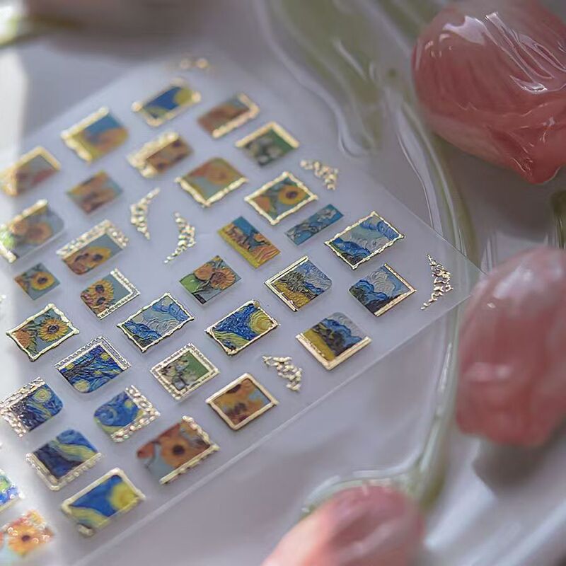 Gold-Stamped Vintage Sunflower Oil Painting Style Nail Stickers, World-Famous Van Gogh Hand-Painted High-End Art Nail Stickers Gold-Stamped Vintage Sunflower Oil Painting Style Nail Stickers, World-Famous Van Gogh Hand-Painted High-End Art Nail Stickers