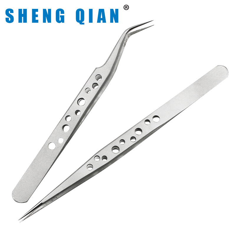 Stainless steel with hole tweezers Elbow pointed extra fine with hole repair tweezers anti-magnetic anti-static tweezers tool