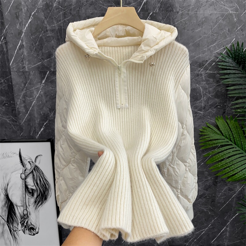 Mengjia 90% White Duck down + 100% Wool down Sleeve Hooded Zip-Up Knit Sweater White Sweater Coat