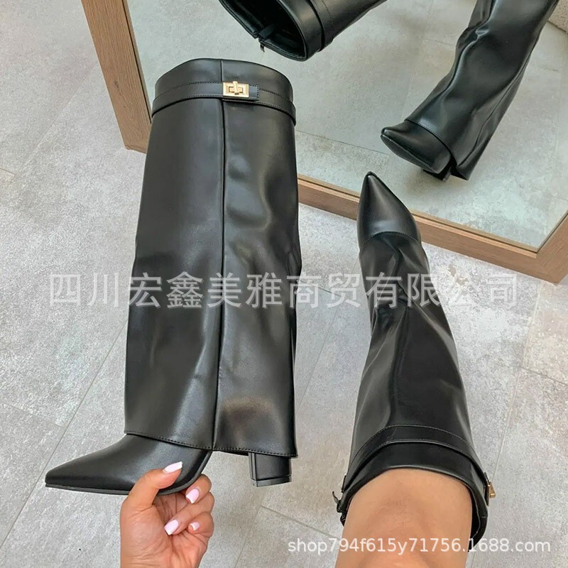 Women's Shoes New Style Pointed Toe Large Shaft Straight Metal Buckle Mid-Calf Boots Large Size Chunky Heel Trouser Boots Women's Boots