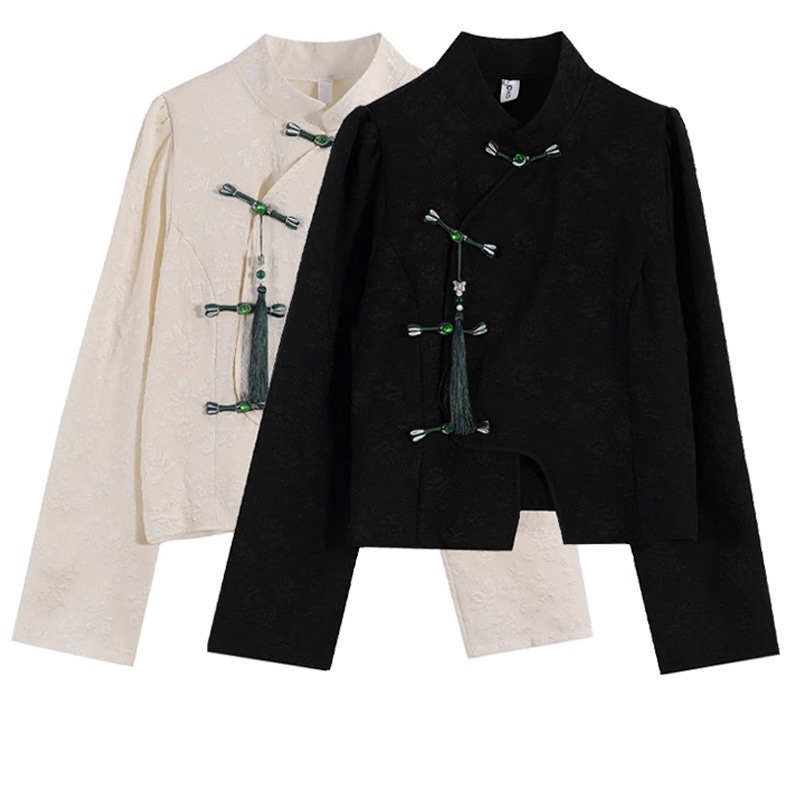 New Chinese-Style National Style Top, Retro Button-Down Long-Sleeve Shirt for Women, Spring and Autumn Design, Niche Puff Sleeves, Short Style with Stand Collar