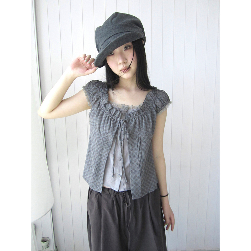 Ang:Project Retro Style Fake Two-Piece Plaid Lace Trim Tie Short Slim-Fit Short-Sleeve T-Shirt for Women