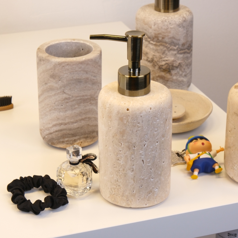 Verael/Beige Natural Travertine Stone Lotion Dispenser Hand Sanitizer Bottle Press-Type Dispenser