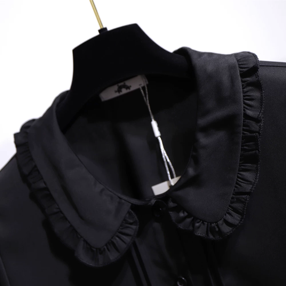 [b"Spring Plus Size Women's Solid Shirts Elegant Ruffle Chiffon"]
