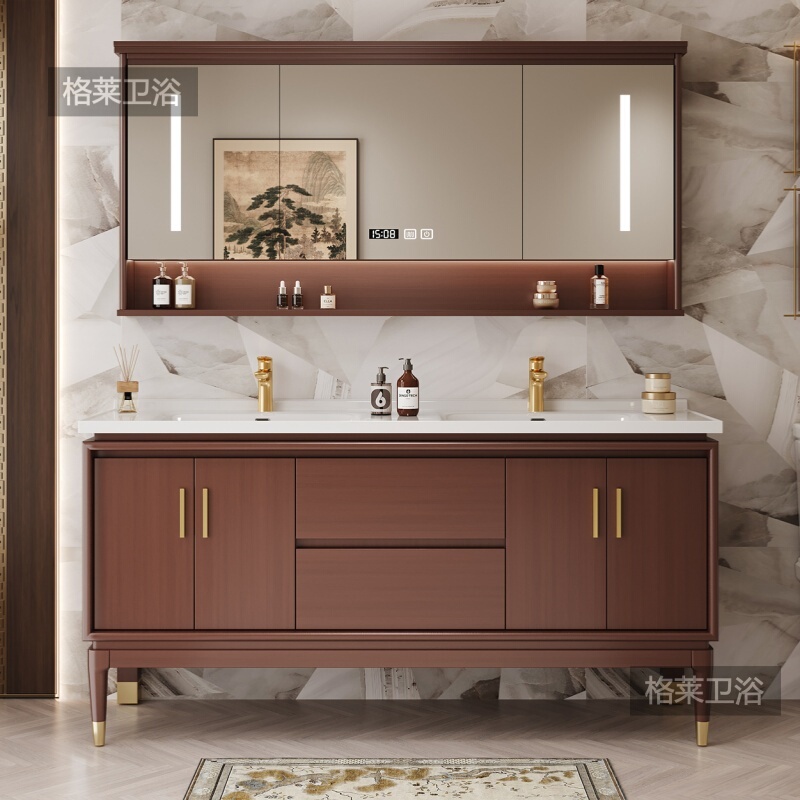 New Chinese-Style Oak Solid Wood Lacquered Bathroom Cabinet Set with Double Sink, Floor-Standing, Mid-Century Style Bathroom Cabinet