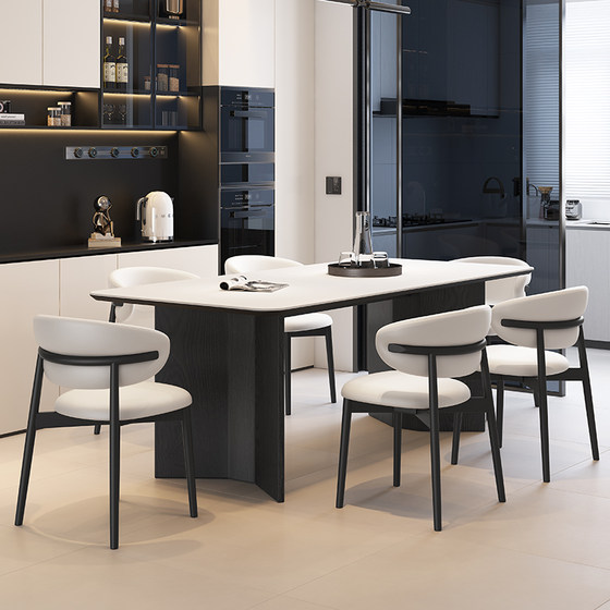 实木小户型意式极简白色岩板长方形餐桌椅组合家用现代简约饭桌子