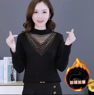 加厚绒蕾丝打底衫女长袖冬季新款妈妈大码内搭半高领保暖网纱小衫