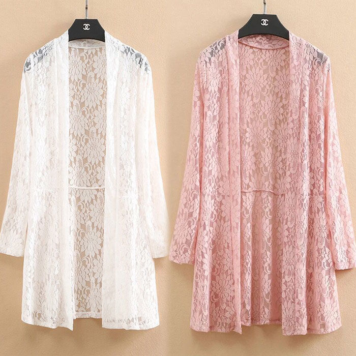 Summer Lace Cardigan, Large Size Women's Mid-Length Hollow Mesh Shawl Top, Sun Protection Clothing, Thin Coat, Air-Conditioning Shirt