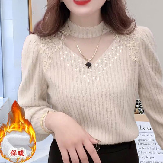 加绒烫钻植绒蕾丝打底衫女时髦洋气内搭甜美小衫秋冬法式保暖上衣