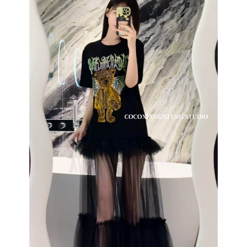 Designer Trendy Brand Heavy Industry Bright Diamond Splicing See-Through Mesh Sexy Wings Bear Loose T-Shirt Long Dress