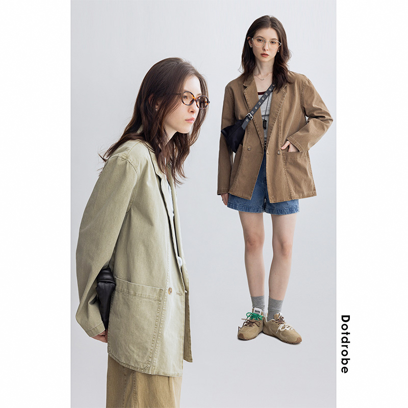 Dotdrobe Has Many High-Fashion Double-Breasted Washed Workwear-Style Minimalist Blazers for Women - Sage Green/Brown