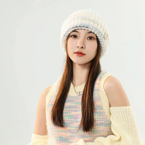 Трикотажная демисезонная цветная шерстяная удерживающая тепло вязаная шапка, градиент