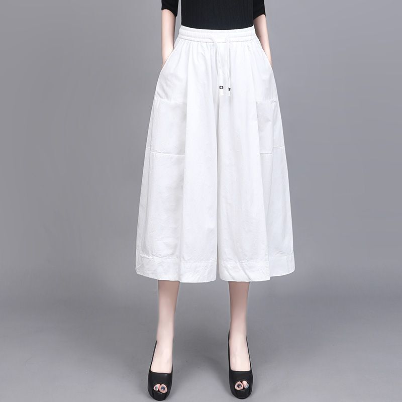 White Pure Cotton Wide-Leg Pants for Women 2026, Elastic Waist, Plus Size, Loose Fit, Slimming, Stylish, Petite, Cropped Casual Skirt Pants