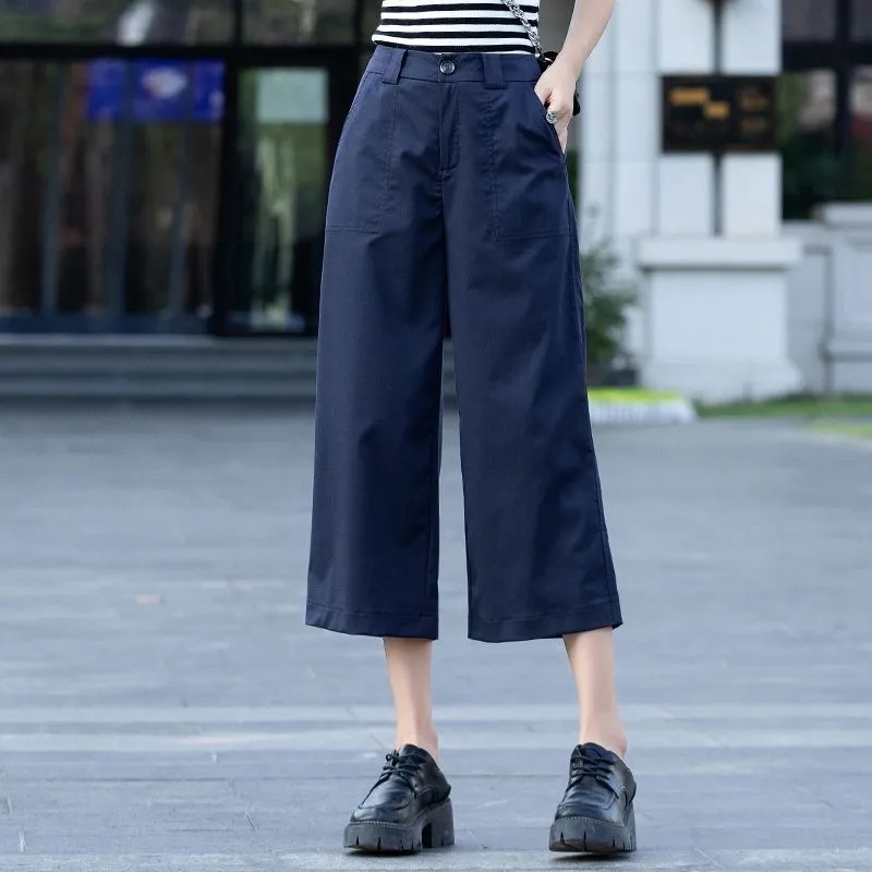 Navy Blue Pants for Women, Summer Thin Tencel Wide-Leg Pants, 2025 New Straight-Leg Ice Silk Women's Pants, Suit-Style Cropped Pants