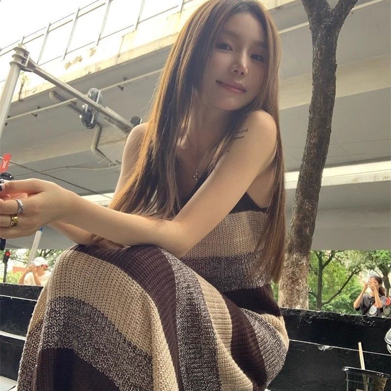 Summer Striped Color-Blocked Knitted Long French-Style Slim-Fit Versatile Trendy Hot Girl Slim-Fit Tank Dress for Women Summer Striped Color-Blocked Knitted Long French-Style Slim-Fit Versatile Trendy Hot Girl Slim-Fit Tank Dress for Women
