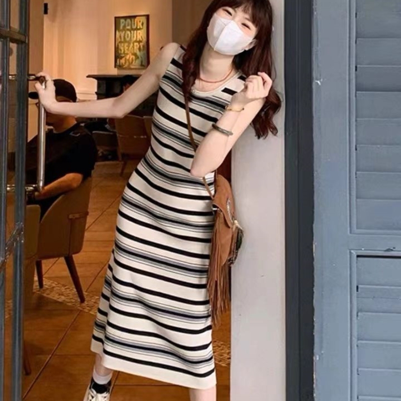 Hot Girl Knitted Striped Tank Dress for Women, Summer Korean Style New Mid-Length Slim Fit Sleeveless Dress Hot Girl Knitted Striped Tank Dress for Women, Summer Korean Style New Mid-Length Slim Fit Sleeveless Dress