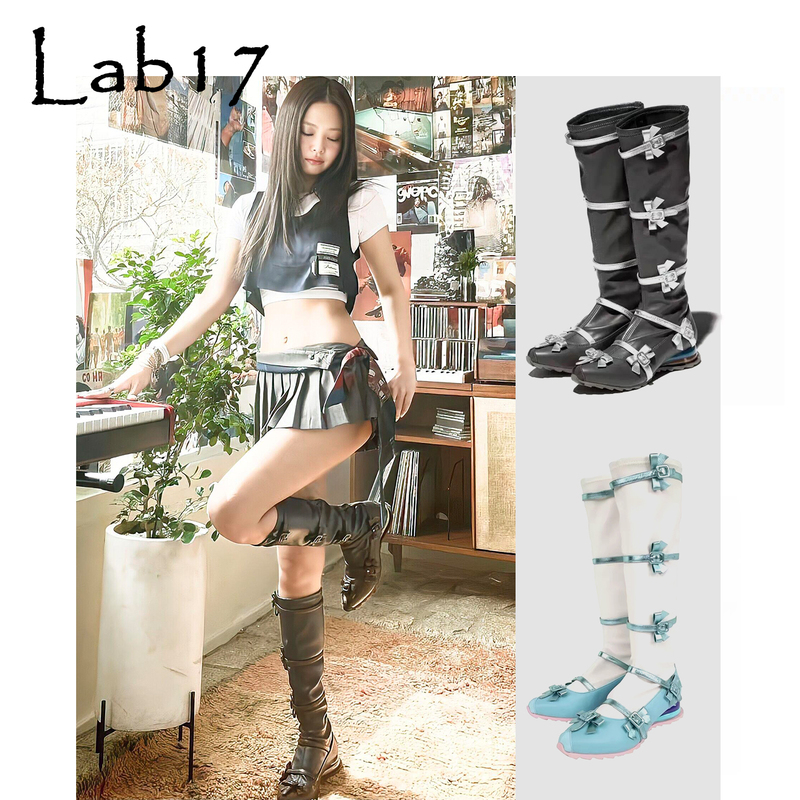 【Kiko Kostadinov】 Authentic In-Stock Jennie-Style Autumn and Winter Bow High-Tube Lace-Up Boots