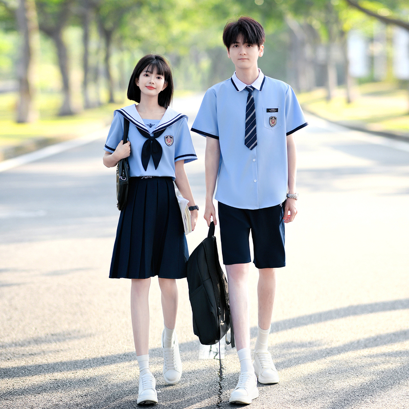 Class Uniform British College Style Blue Navy Collar Shirt Short-Sleeved Suit for Male and Female Students Summer Graduation Photo Performance Outfit