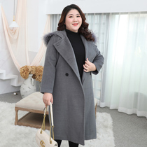Bong size womens winter woolen coat womens long solid color raccoon fur collar coat over the knee Hepburn style