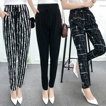 Striped linen pants childrens summer model loose nine-leg wide-leg pants casual small leg pants size fat mm hemp Haren pants