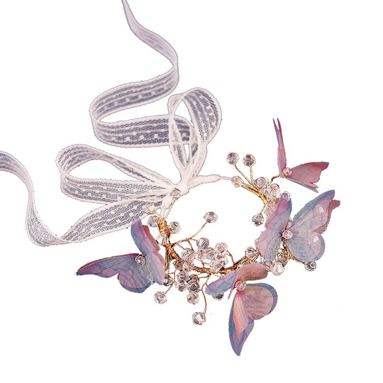 Super Fairy-Like, Fresh and Forest-Style Wedding Bride Wrist Flower, Bridesmaid Group Bracelet Flower, Blue and Pink Butterfly Crystal Hand-Tied Flower