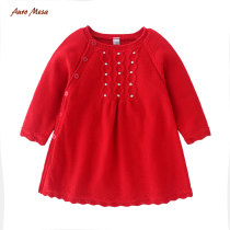 AuroMesa baby spring and autumn baby girl wool dress girl red cotton knit long sleeve princess skirt