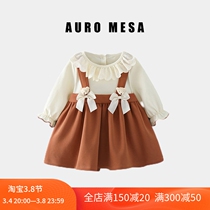 AuroMesa spring new long sleeves fake two sweet and beautiful princess dresses Big Turns Cute Little Bear One-piece Dress