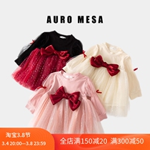AuroMesa Spring Autumn Girl Long Sleeve Large Butterfly Knot Mesh Veil Dress Baby Foreign Air Gown Skirt Princess Dress