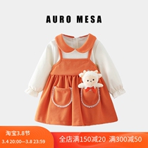 AuroMesa Female Baby Super Cute Turned Collar Small Sheep Leave Two Dress Dress Baby Spring Autumn Long Sleeve Princess Dress